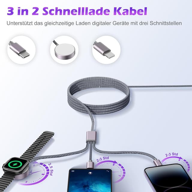 Detalle 2 de 3‑in‑1 Ladekabel 120 cm für iPhone und Apple Watch