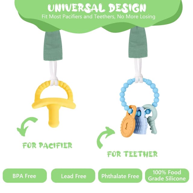 Detalle de Vicloon Schnullerkette aus Baumwolle (3er-Set) mit Clip, für Mädchen & Jungen – Grün