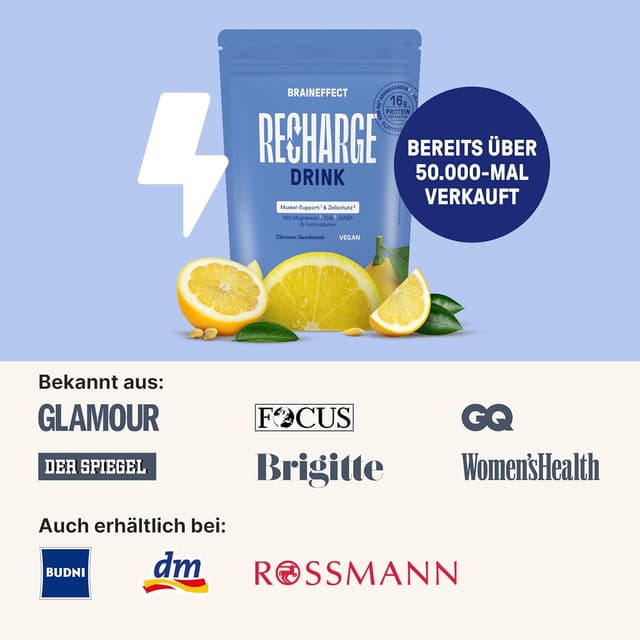 Thumbnail 6 de Braineffect Recharge Premium Hydratationsmischung (360 g) – Elektrolyte ohne Zucker mit Stevia, EAA & BCAA, Zitronengeschmack