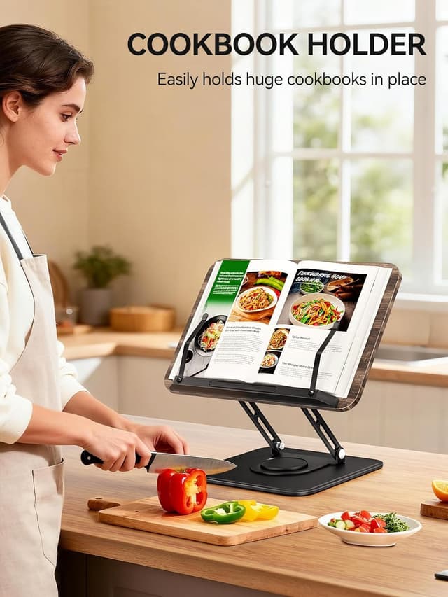 Detalle de Tounee Support de livre rotatif 360° ajustable et pliable avec pinces de protection – Noir