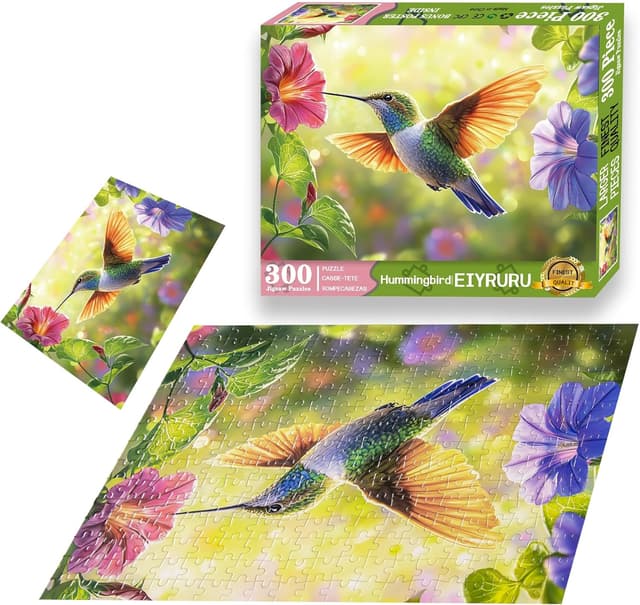 Detalle de 300-Piece Puzzle for Adults: Spring Hummingbird Flowers Jigsaw, Recycled Paper, Glossy & Sturdy Large Pieces