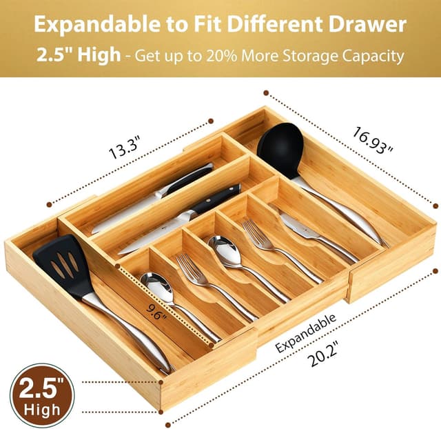 Thumbnail 1 de Umilife Large Expandable Bamboo Cutlery Tray 2.5"