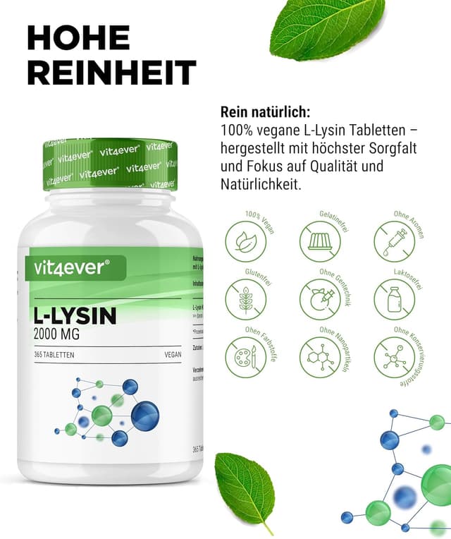 Detalle de L-Lysin 2000 mg (365 Tabletten) – L-Lysin HCL aus pflanzlicher Fermentation, vegan
