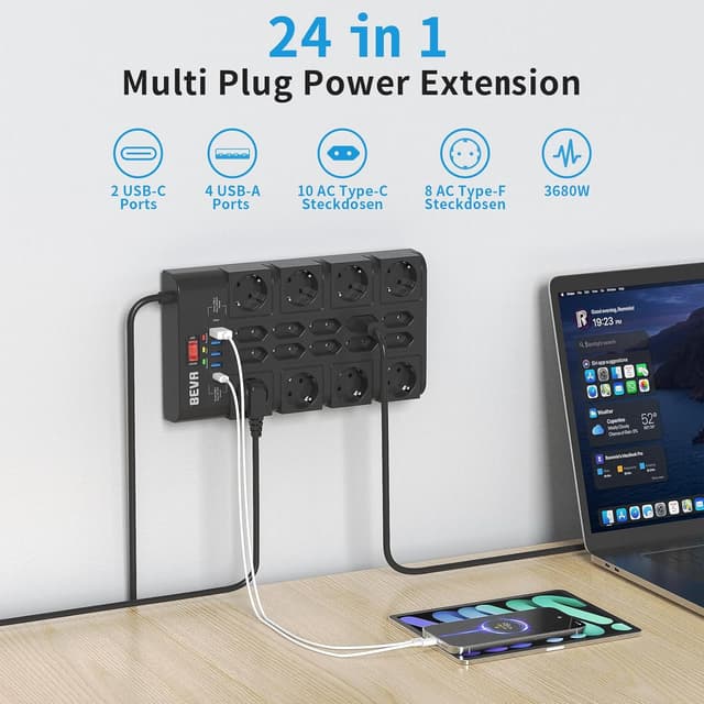 Detalle de BEVA 18-fach Steckdosenleiste 3680 W/16 A mit Überspannungsschutz (2100 J) und 2 USB-C + 4 USB-A, Schalter, 2 m Kabel