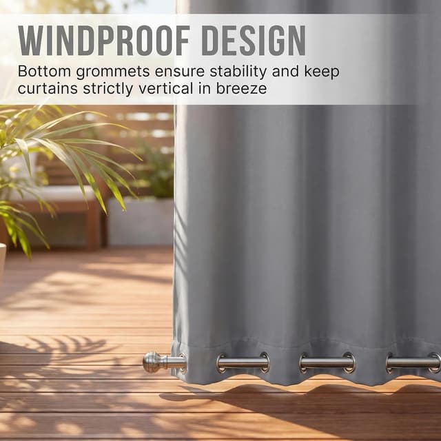 Detalle de LiveGo Outdoor Waterproof Curtains with Stainless Steel Grommets (2 Panels) – 140 x 213cm, light grey