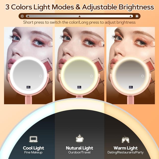 Detalle de B Beauty Planet Magnifying Mirror with Light 30X/1X (Double Sided, Rose Gold) with 3 Light Modes, Adjustable Height & 360° Rotation