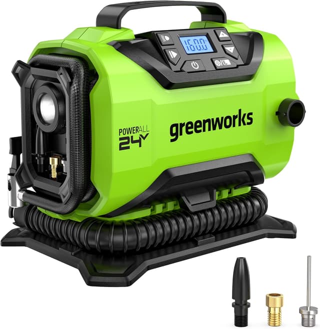 Detalle de Greenworks G24IN Battery Air Pump (11 Bar) with Low/High Pressure, Auto Shut-Off & 3 Adapters (Tool Only)