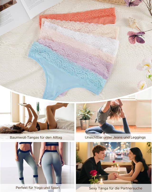 Detalle 1 de INNERSY String Tanga Damen mit Spitze im 6er Pack – Stretch-Baumwolle & mittlere/niedrige Taille