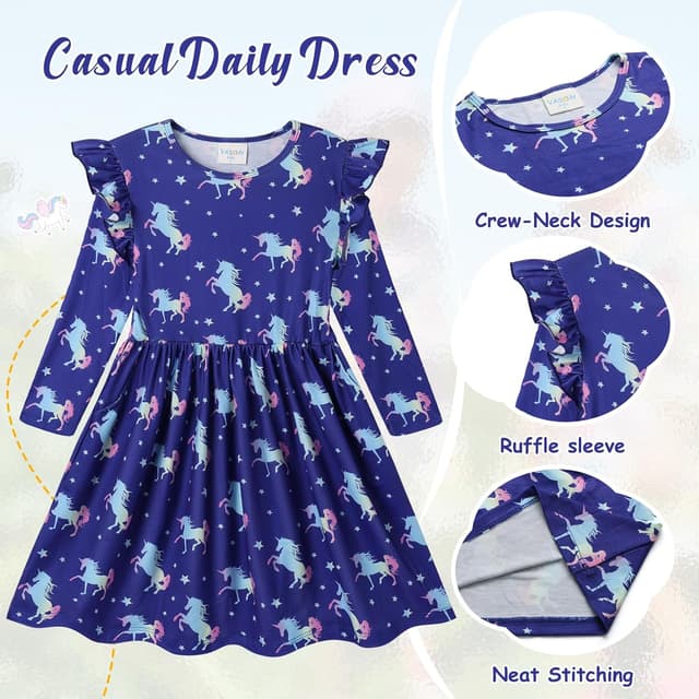 Detalle de VASCHY robe fille en coton imprimé licorne manches longues courtes, 3 à 10 ans