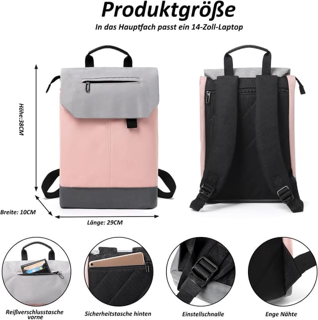 Detalle de TANTOMI Damen-Rucksack mit Laptopfach, wasserdichtem Polyester und Anti-Diebstahl-Fach