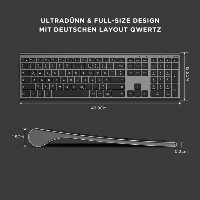 Detalle de seenda KS15F kabelloses Tastatur-Maus-Set 2,4G (QWERTZ) ultraflach, wiederaufladbar, Grau/Schwarz