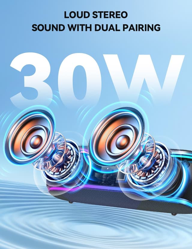 Detalle de TECKNET TK-BS002 Bluetooth 5.4 portable speaker with 30W stereo sound, RGB lights and IPX7