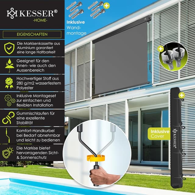 Detalle de KESSER Senkrechtmarkise 200 x 250 cm mit Handkurbel – Außenrollo für Balkon & Terrasse inkl. Montageset
