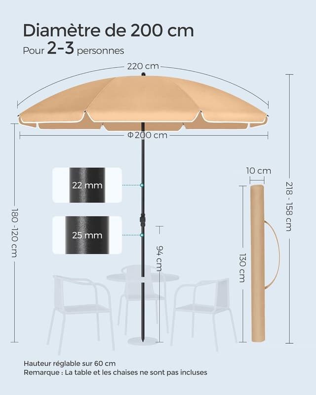 Thumbnail 6 de SONGMICS parasol inclinable 200 cm UPF 50+ (hauteur réglable, 30° dans les 2 sens) taupe