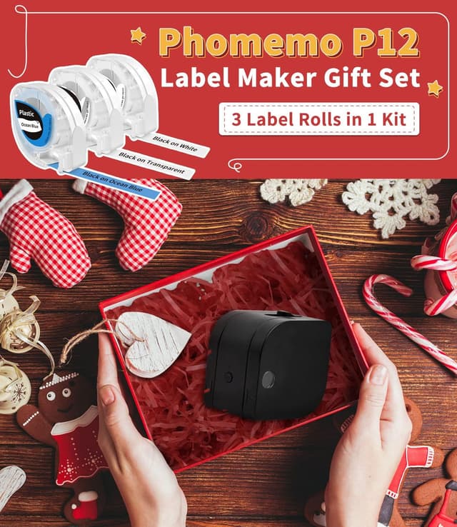 Detalle 2 de Phomemo P12 Beschriftungsgerät-Set mit Bluetooth & 3 Rollen farbiger Etiketten