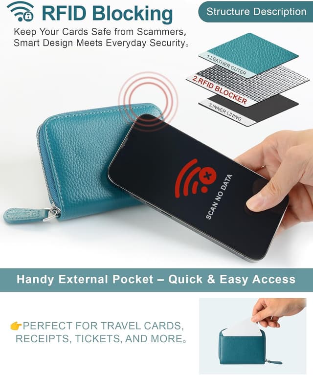 Detalle 2 de Jexmigo RFID Blocking Genuine Leather Wallet for Women with 12 Card Slots and YKK Zip Coin Purse