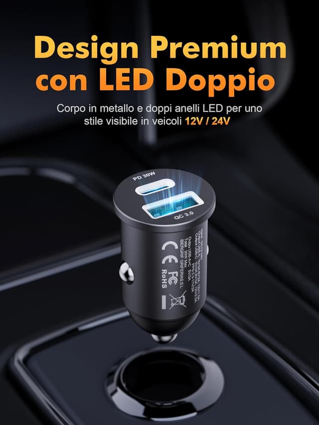 Detalle 2 de GRIFEMA Caricatore auto USB-C 30W con doppia porta PD 30W + QC 3.0 18W (alluminio)
