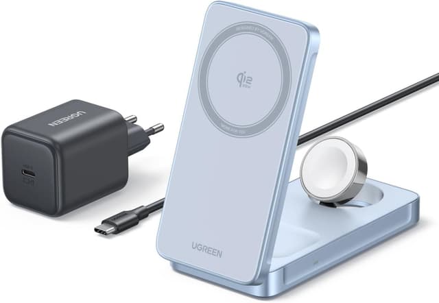 Detalle de UGREEN MagFlow 3 in 1 Qi2 25W Caricatore wireless pieghevole per iPhone, AirPods, Apple Watch