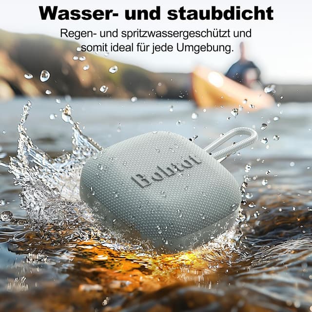 Detalle de Bobtot tragbarer Bluetooth-Lautsprecher (IPX7) mit 16 Stunden Akku, TWS & Freisprechen – grau