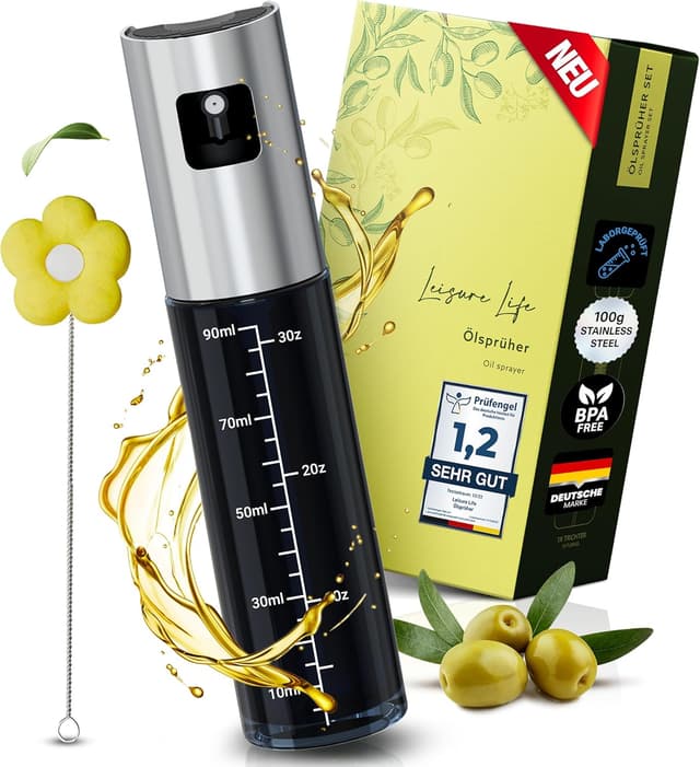 Detalle de Leisure Life® Hochwertiger Ölsprüher mit UV-Schutzglas (Obsidian Black) – 100% BPA-frei