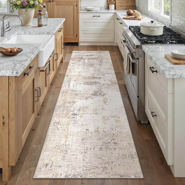 Detalle 2 de HUGEAR waschbarer Läufer Teppich für Flur 80 x 300 cm in Beige-Grau (modern abstrakt, rutschfest)