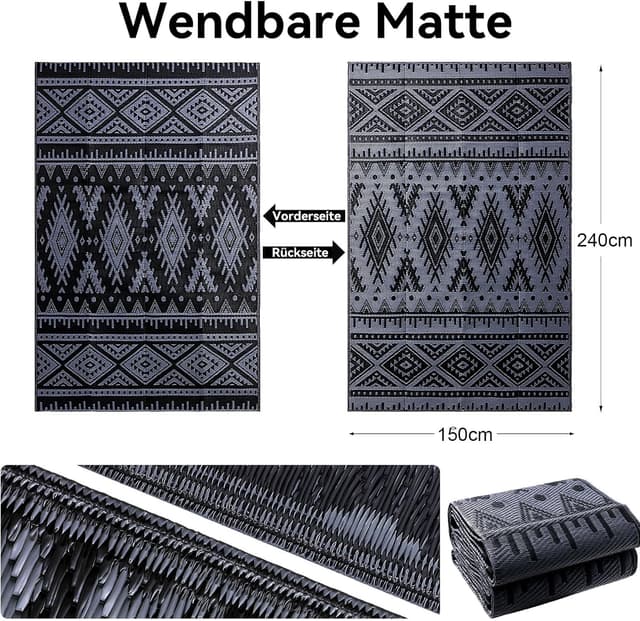 Detalle 2 de Homaxy Outdoor Teppich wetterfest 150 x 240 cm, faltbar, wendbar – Schwarz & Grau