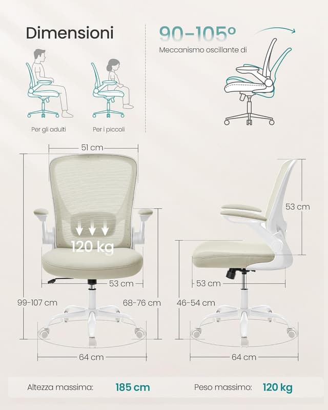 Detalle 2 de SONGMICS Sedia da ufficio girevole ergonomica 53 cm