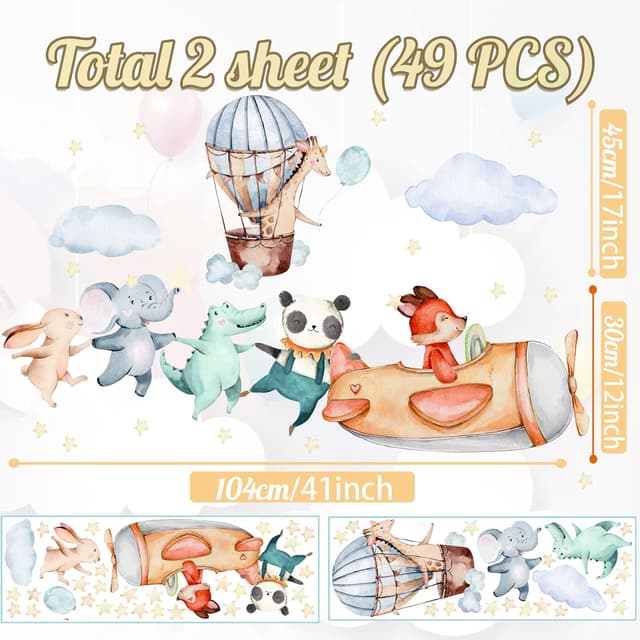 Detalle de TOARTI Flugzeug Tier Wandtattoo für Babyzimmer, 104×30 cm – lichtfarbener Wandsticker mit Elefant, Giraffe & Panda