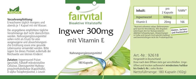 Thumbnail 1 de Fairvital Jengibre 300mg con Vitamina E - Vegan, 180 Cápsulas