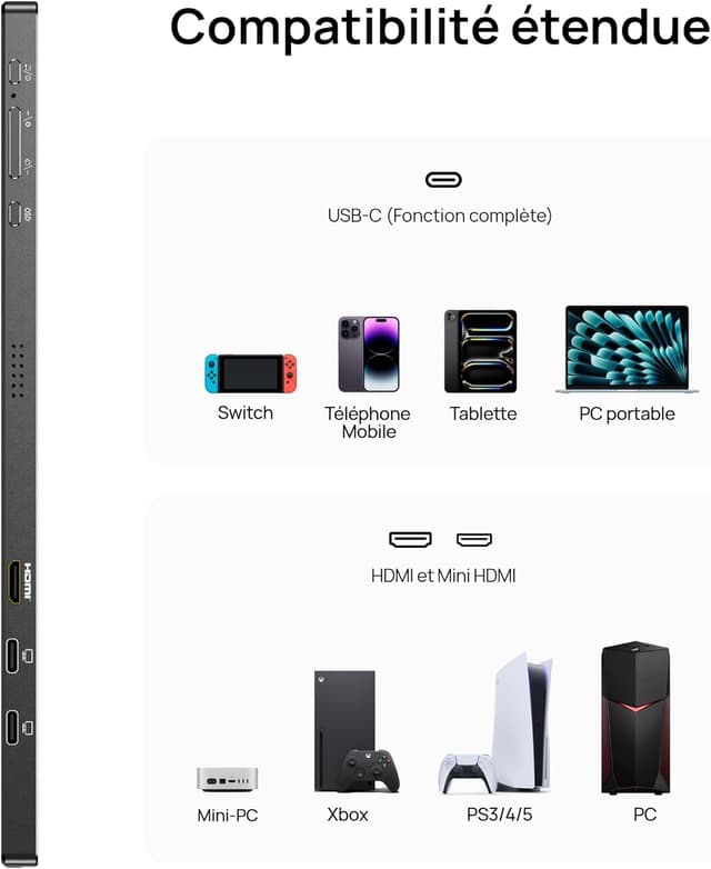 Detalle de ARZOPA Grand Écran Portable 17,3 pouces FHD HDR IPS (USB‑C/HDMI) pour PC, Mac, PS5/PS4, Xbox et Switch