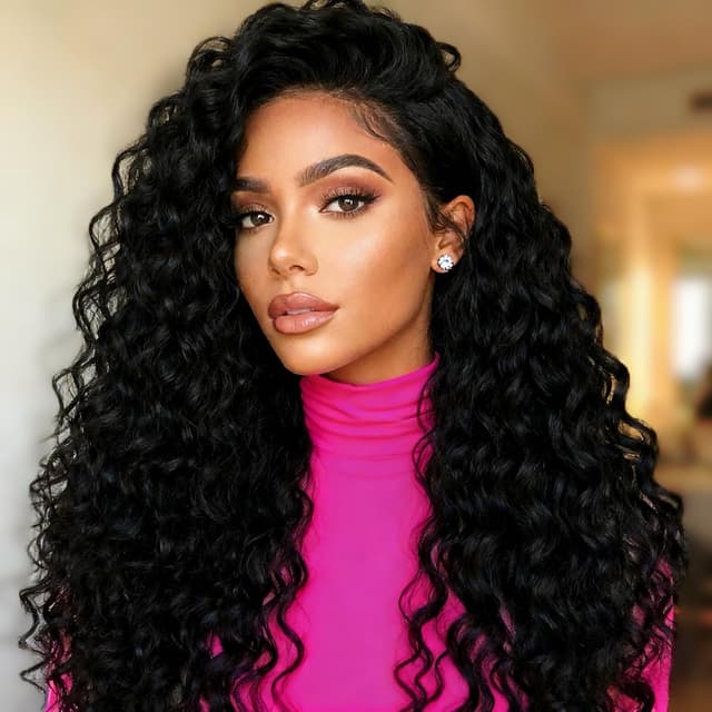 Detalle de Fronbanis Deep Wave Half Wig Human Hair (200% Density, 18-inch) – Glueless drawstring half wig with headband style options