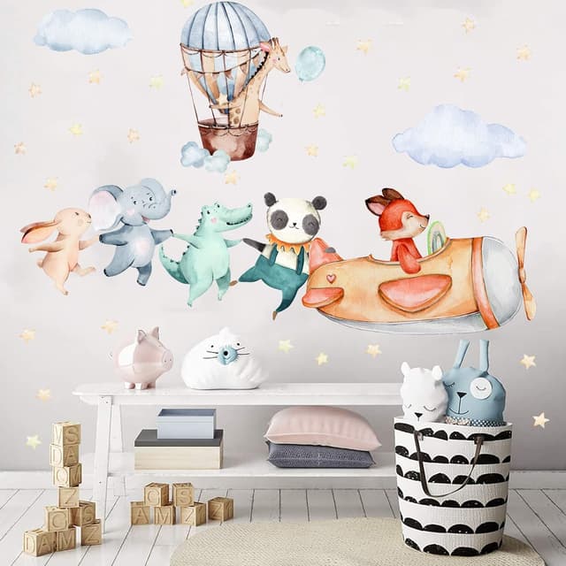 Detalle de TOARTI Flugzeug Tier Wandtattoo für Babyzimmer, 104×30 cm – lichtfarbener Wandsticker mit Elefant, Giraffe & Panda