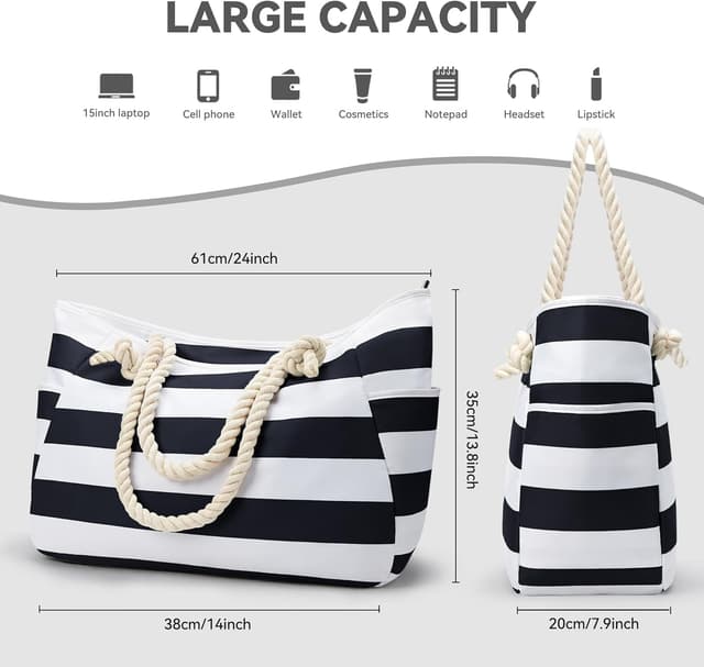 Detalle de KALIDI Große Strandtasche mit Reißverschluss (XXL, wasserdicht) – Familien-Badetasche für Strand, Reisen & Sport