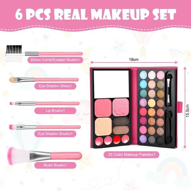 Detalle de Aomig 33-Colour Kids Makeup Set for Girls (6 pcs) with 5 Brushes