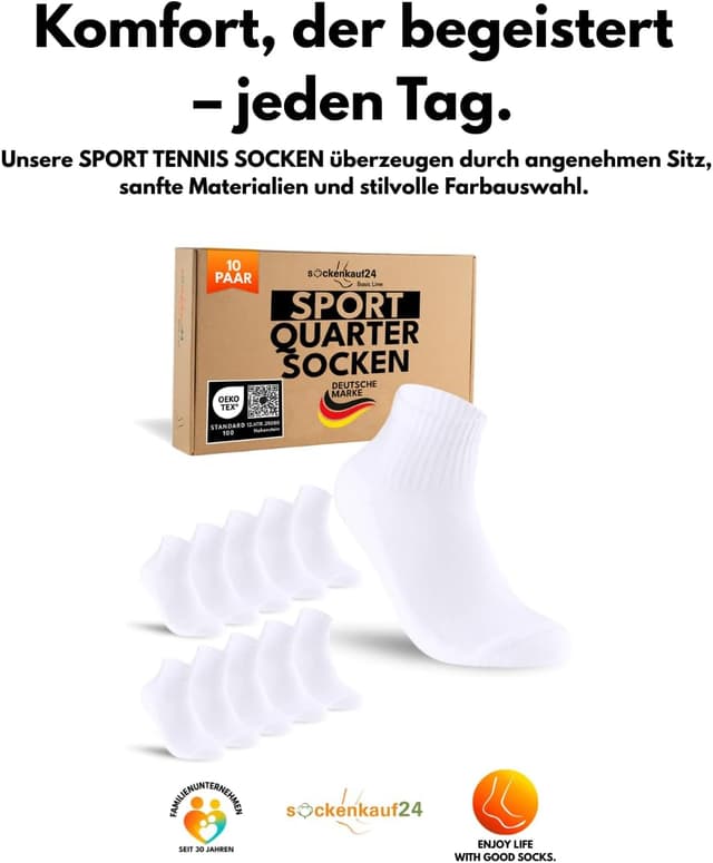 Detalle 2 de sockenkauf24 10 Paar kurze Sportsocken (Quarter) – atmungsaktive Tennissocken aus Baumwolle für Damen & Herren