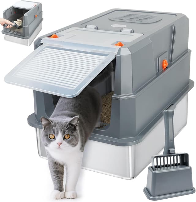 Detalle de SZEE Stainless Steel Cat Litter Tray — Spacious Grey 🐱