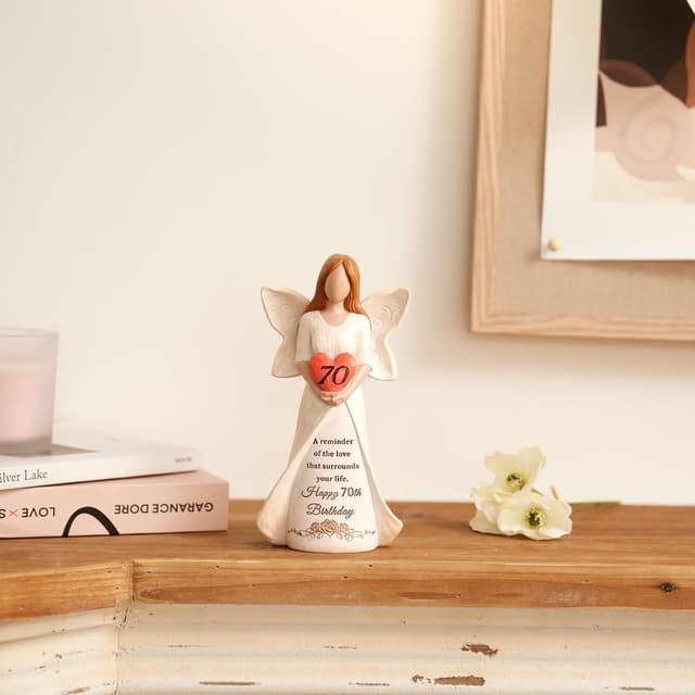 Detalle de Storieme 70th Birthday Angel Figurine (Hand-Painted Resin) – 19cm Heart-Craddling Tribute Gift-Ready