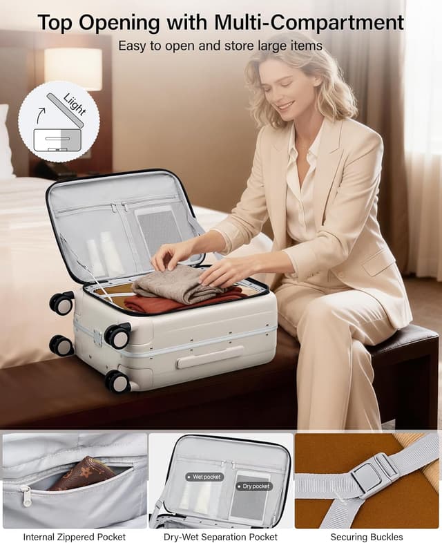 Detalle 2 de Hanke 24 Inch Checked Luggage PC Hard Case with Top Opening & Spinner Wheels (Ivory White)