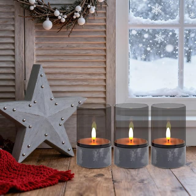 Detalle de Dixmas 3 Stück flammenlose LED-Kerzen – 3D-Docht, realistisch flackernd, grau (je Ø 7,5 cm, Höhe 12,5 cm)