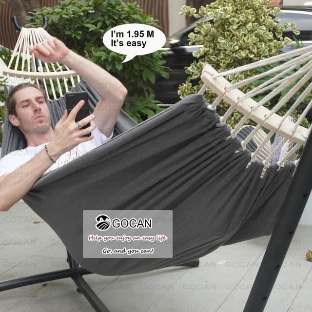 Detalle de GOCAN Hängematte für 2 Personen 220×150 cm mit abnehmbarem Spreizstab (Gesamtlänge 330 cm) – Outdoor & Indoor, bis 300 kg
