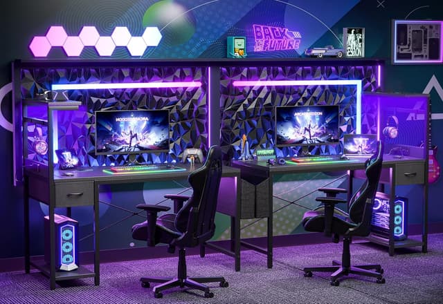 Detalle 1 de BEXEVUE LED Computer Desk with Power Outlets (120x50cm) – reversible gaming workstation with drawer, side shelf and hooks