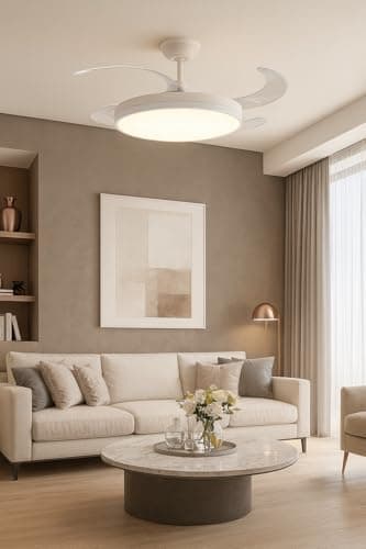 Detalle de Ventilador de techo con luz LED y APP móvil TODOLAMPARA.COM TRACE blanco (DC, retráctil y atenuable)