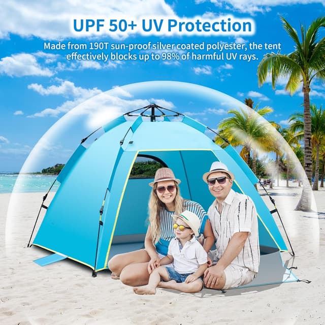 Detalle de Cflity Pop Up Beach Tent (1–3 Person) – Automatic Instant UV 50+ Sun Shelter with Double Door
