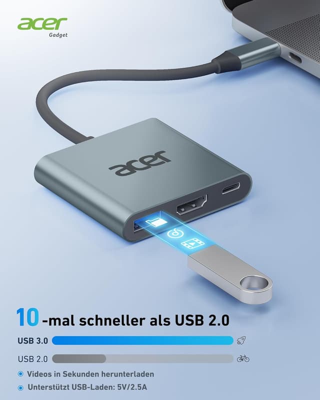 Thumbnail 3 de Acer USB-C auf HDMI-Adapter (4K@30 Hz) inkl. USB-A 3.0 & PD bis 100 W – kompakte 3-in-1-Lösung