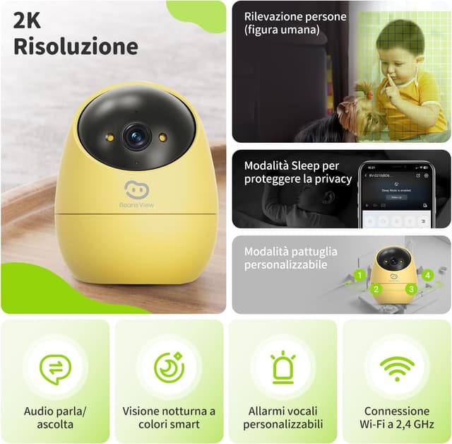 Detalle de Beans View 2K 3MP Telecamera di sicurezza per interni con 360° e WiFi 2,4 GHz (giallo)