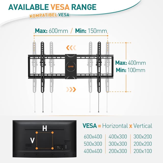 Detalle de ELIVED EV008 Support TV mural inclinable pour écrans plats et incurvés VESA jusqu’à 600x400 mm