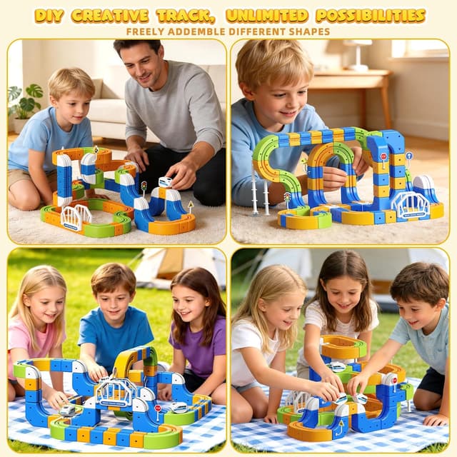 Detalle de Hzitcigm Eisenbahn Elektrisch Cube Track – 225-teiliges Zugset mit 2 Zügen, 80 Schienen und 3D-Strecken für Kinder ab 3–8