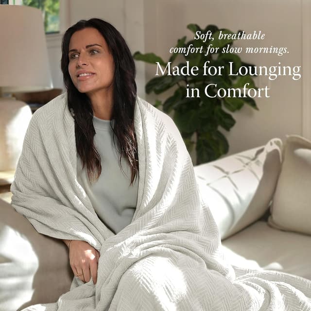 Detalle de Threadmill Home Linen Luxury 100% Cotton King Blanket (Herringbone) – Tusk White, All-Season Cozy