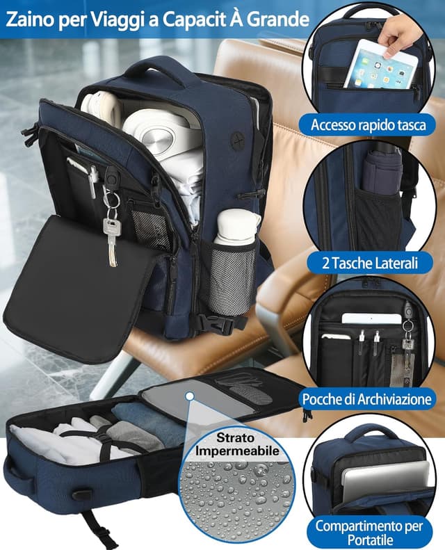 Detalle 2 de KLOSTAIN Zaino Ryanair 40x20x25 da 20L con porta PC 14" – Daypack aereo bagaglio a mano Blu profondo