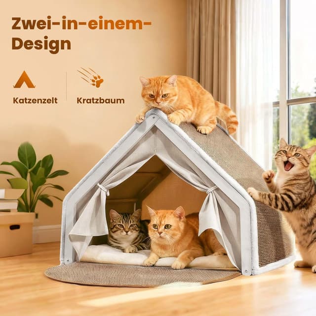 Detalle 2 de LUNNTE Katzenhaus „Katzenzelt Sisal Kratzhaus“ 2-in-1 aus Holz (Beige, 64x50x50)